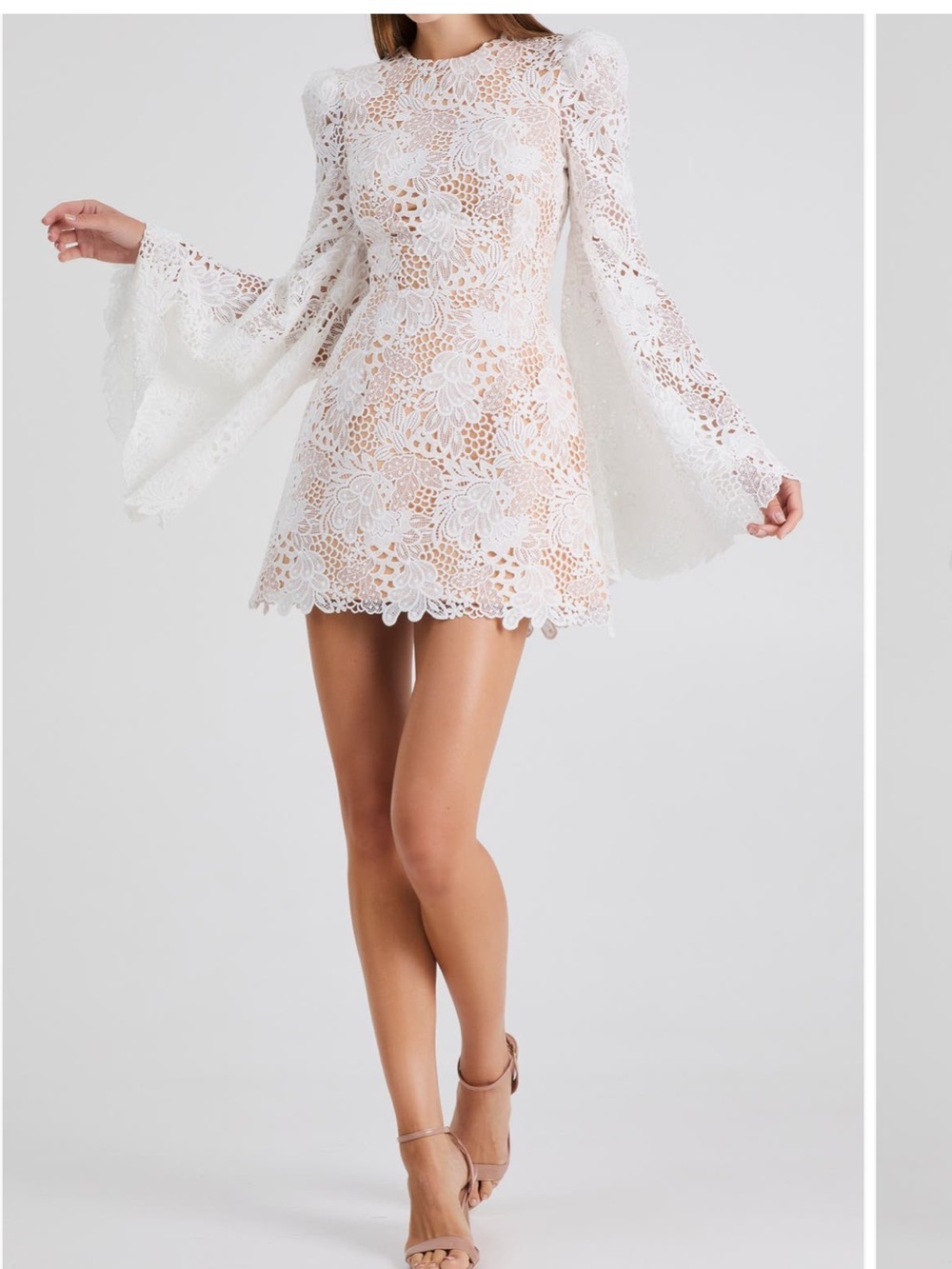 White Lace Mini Dress with Dramatic Bell Sleeves